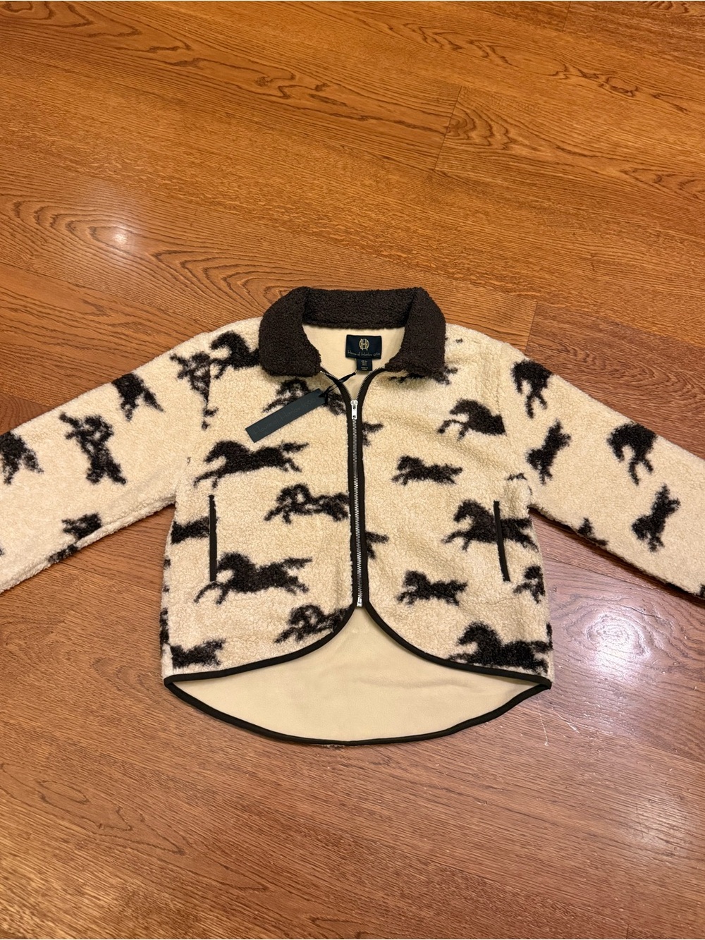 NWT House of Harlow 1960 Horse Horses Fleece Fuzzy Jacket Cream Brown Size Small